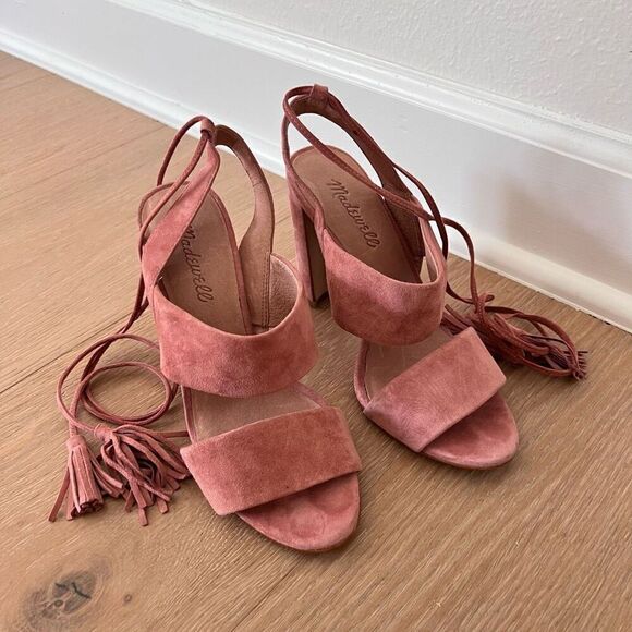 Madewell Women’s Size 7 Octavia Pink Suede Tassel Heeled Open Toe Sandals - Picture 4 of 10